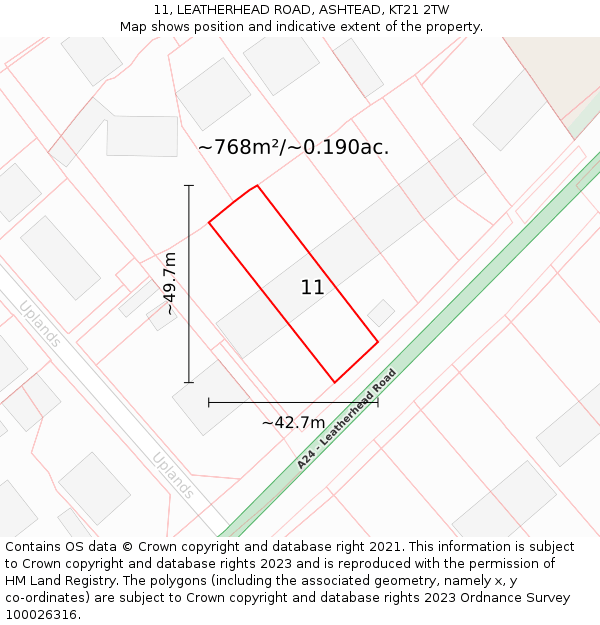 11, LEATHERHEAD ROAD, ASHTEAD, KT21 2TW: Plot and title map