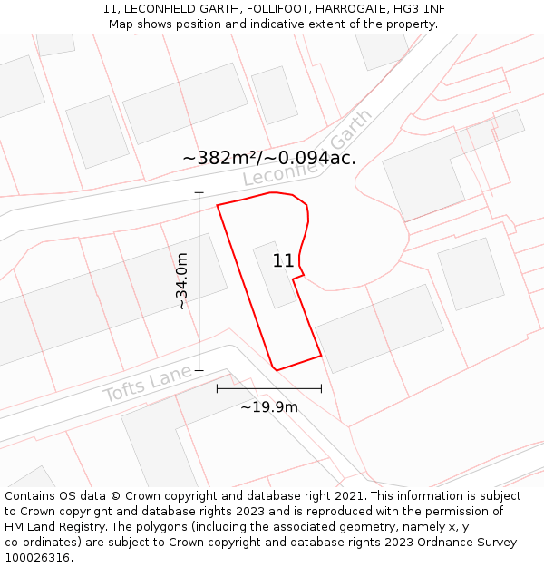 11, LECONFIELD GARTH, FOLLIFOOT, HARROGATE, HG3 1NF: Plot and title map