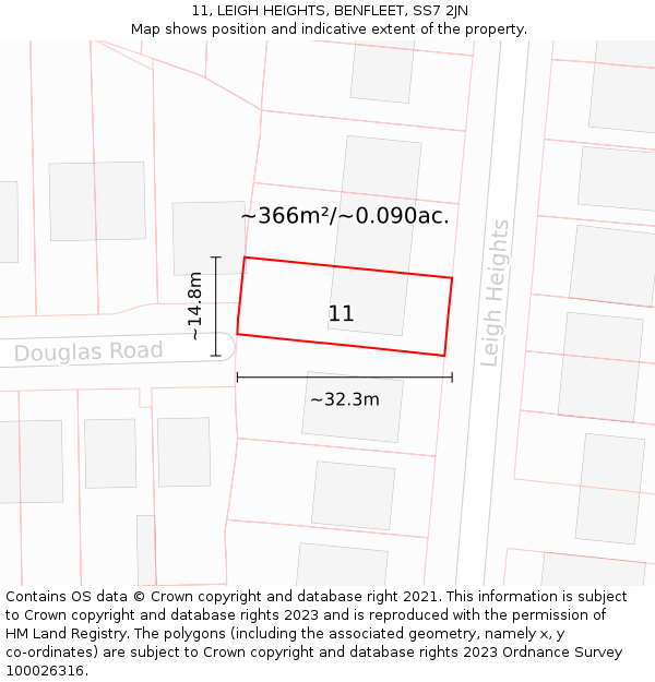 11, LEIGH HEIGHTS, BENFLEET, SS7 2JN: Plot and title map