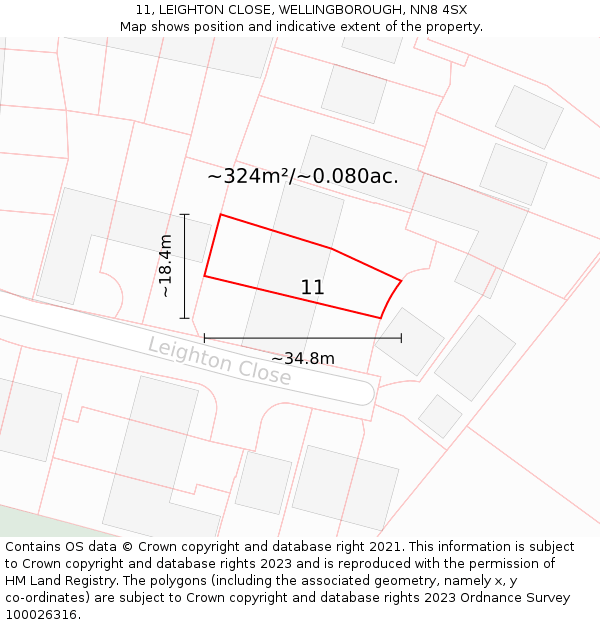 11, LEIGHTON CLOSE, WELLINGBOROUGH, NN8 4SX: Plot and title map