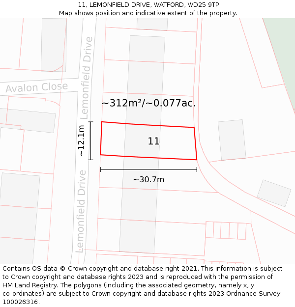 11, LEMONFIELD DRIVE, WATFORD, WD25 9TP: Plot and title map