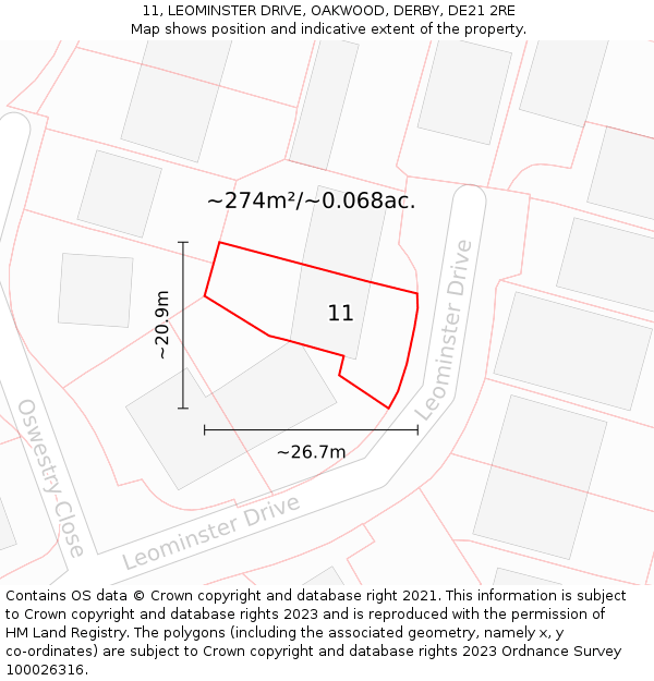 11, LEOMINSTER DRIVE, OAKWOOD, DERBY, DE21 2RE: Plot and title map