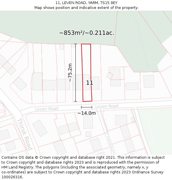 11, LEVEN ROAD, YARM, TS15 9EY: Plot and title map