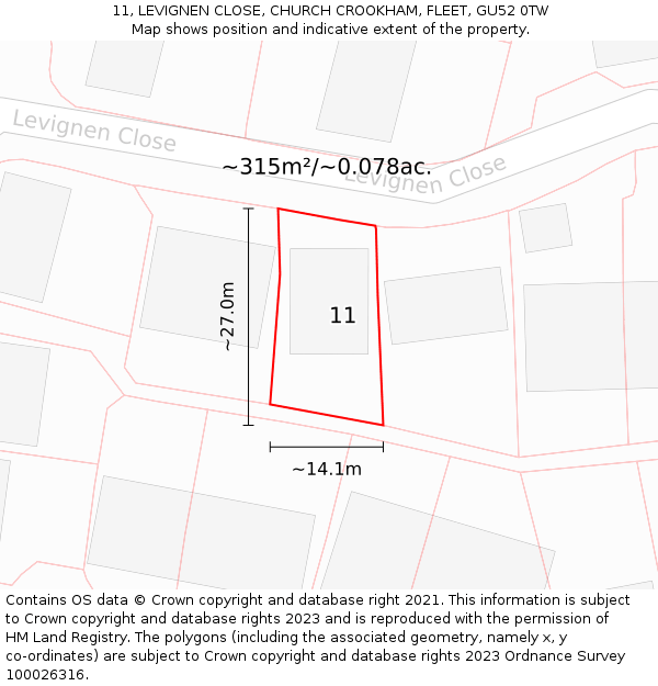11, LEVIGNEN CLOSE, CHURCH CROOKHAM, FLEET, GU52 0TW: Plot and title map