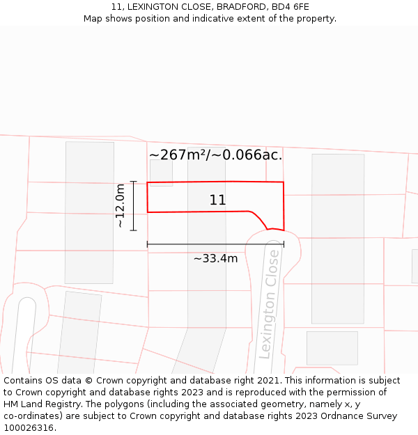 11, LEXINGTON CLOSE, BRADFORD, BD4 6FE: Plot and title map