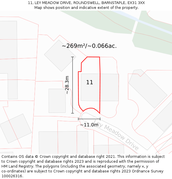 11, LEY MEADOW DRIVE, ROUNDSWELL, BARNSTAPLE, EX31 3XX: Plot and title map