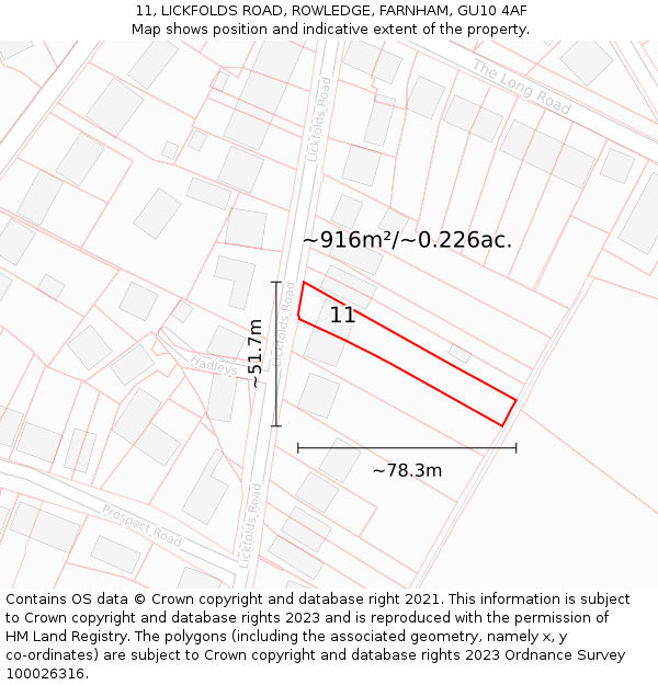11, LICKFOLDS ROAD, ROWLEDGE, FARNHAM, GU10 4AF: Plot and title map