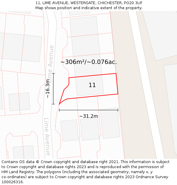 11, LIME AVENUE, WESTERGATE, CHICHESTER, PO20 3UF: Plot and title map