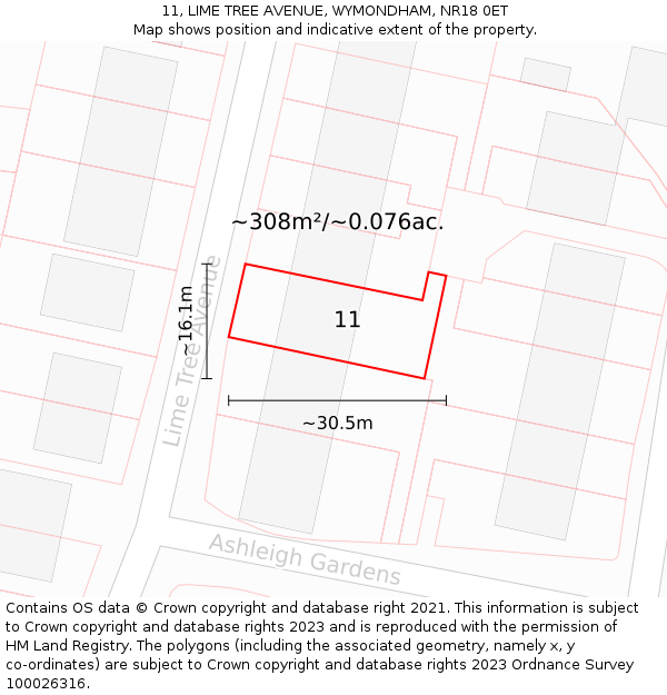 11, LIME TREE AVENUE, WYMONDHAM, NR18 0ET: Plot and title map