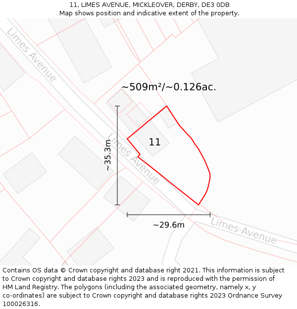 11, LIMES AVENUE, MICKLEOVER, DERBY, DE3 0DB: Plot and title map