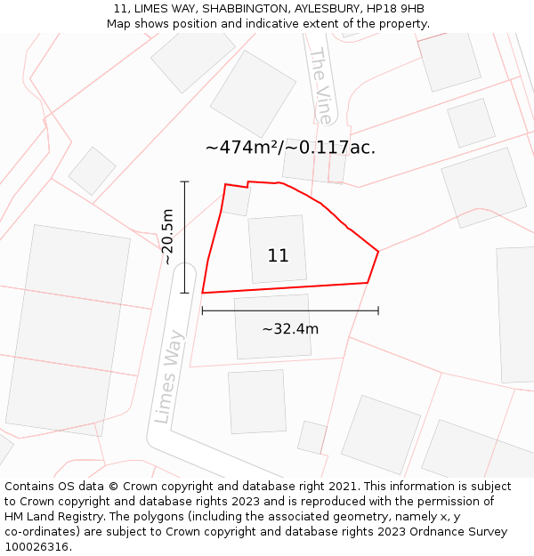 11, LIMES WAY, SHABBINGTON, AYLESBURY, HP18 9HB: Plot and title map