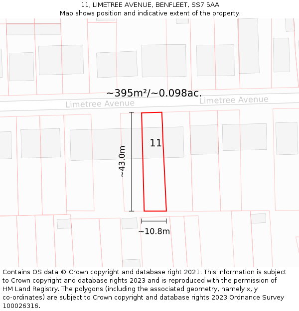 11, LIMETREE AVENUE, BENFLEET, SS7 5AA: Plot and title map