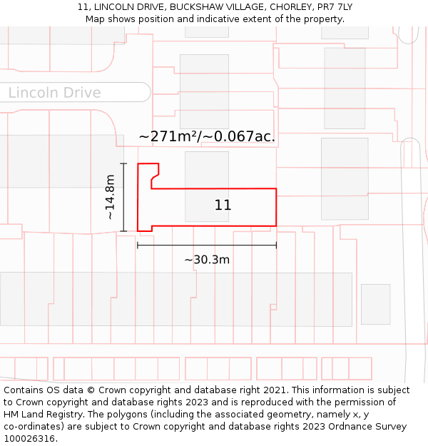 11, LINCOLN DRIVE, BUCKSHAW VILLAGE, CHORLEY, PR7 7LY: Plot and title map