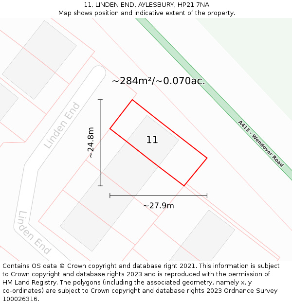 11, LINDEN END, AYLESBURY, HP21 7NA: Plot and title map