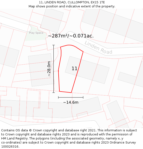 11, LINDEN ROAD, CULLOMPTON, EX15 1TE: Plot and title map