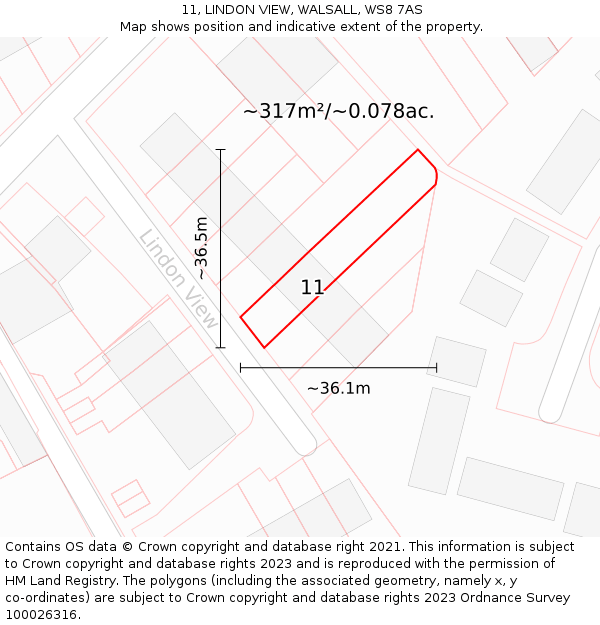 11, LINDON VIEW, WALSALL, WS8 7AS: Plot and title map