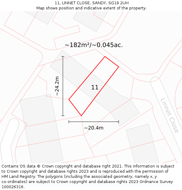 11, LINNET CLOSE, SANDY, SG19 2UH: Plot and title map