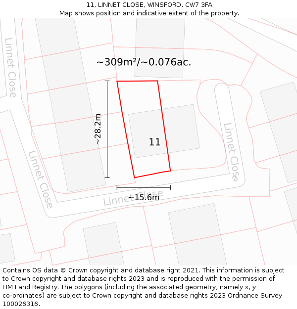 11, LINNET CLOSE, WINSFORD, CW7 3FA: Plot and title map