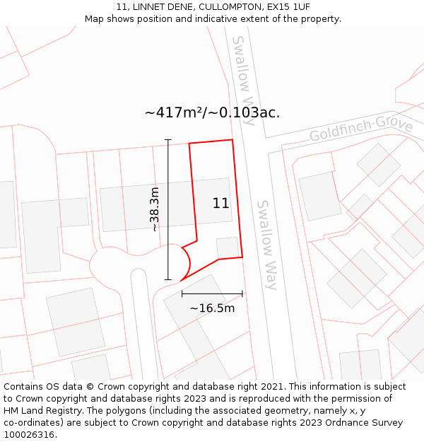 11, LINNET DENE, CULLOMPTON, EX15 1UF: Plot and title map