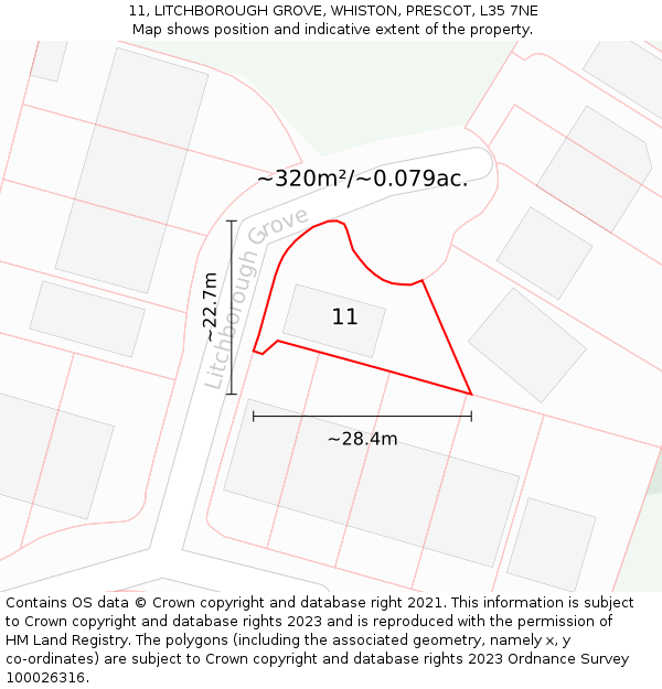 11, LITCHBOROUGH GROVE, WHISTON, PRESCOT, L35 7NE: Plot and title map