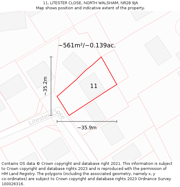 11, LITESTER CLOSE, NORTH WALSHAM, NR28 9JA: Plot and title map