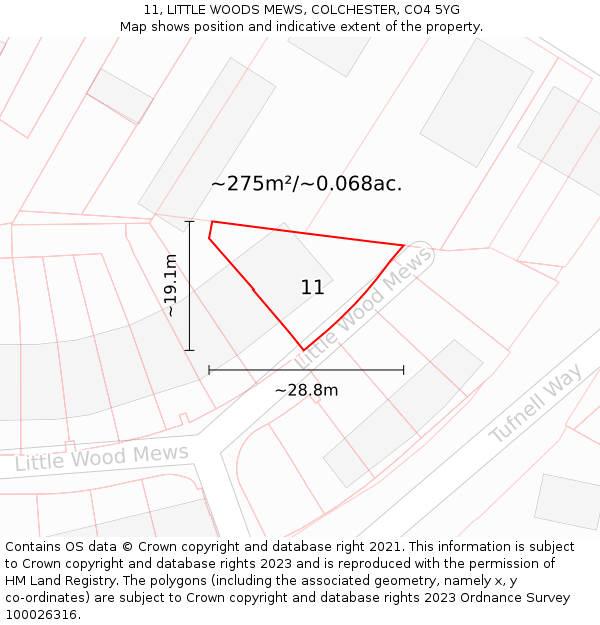11, LITTLE WOODS MEWS, COLCHESTER, CO4 5YG: Plot and title map
