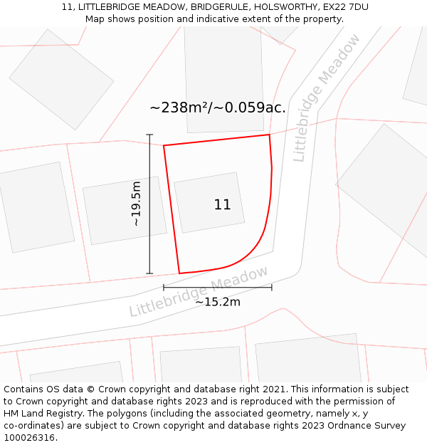 11, LITTLEBRIDGE MEADOW, BRIDGERULE, HOLSWORTHY, EX22 7DU: Plot and title map