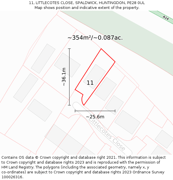 11, LITTLECOTES CLOSE, SPALDWICK, HUNTINGDON, PE28 0UL: Plot and title map