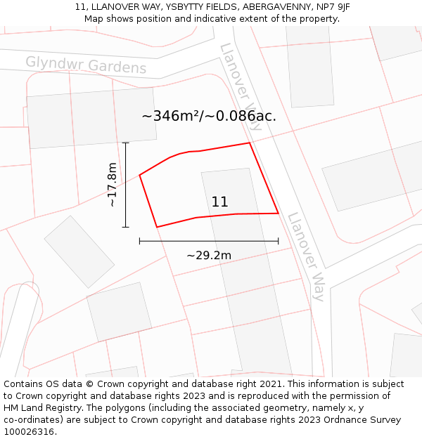 11, LLANOVER WAY, YSBYTTY FIELDS, ABERGAVENNY, NP7 9JF: Plot and title map