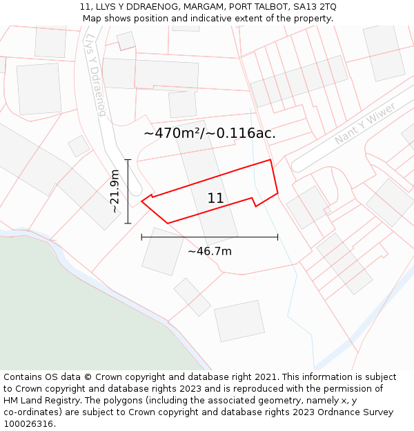 11, LLYS Y DDRAENOG, MARGAM, PORT TALBOT, SA13 2TQ: Plot and title map