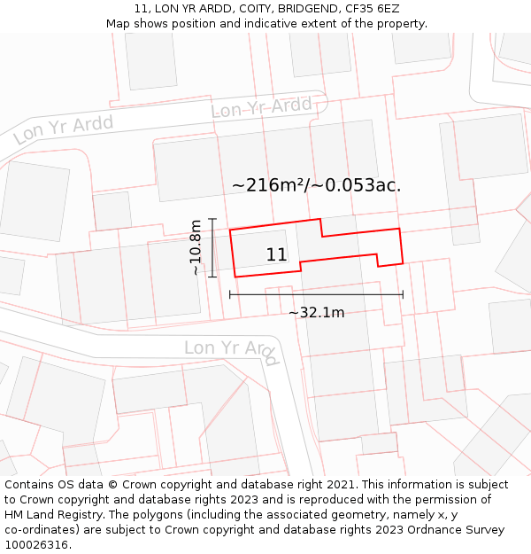11, LON YR ARDD, COITY, BRIDGEND, CF35 6EZ: Plot and title map