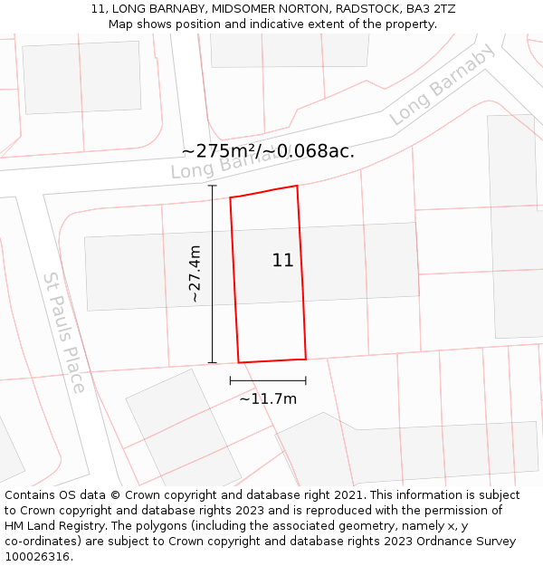 11, LONG BARNABY, MIDSOMER NORTON, RADSTOCK, BA3 2TZ: Plot and title map