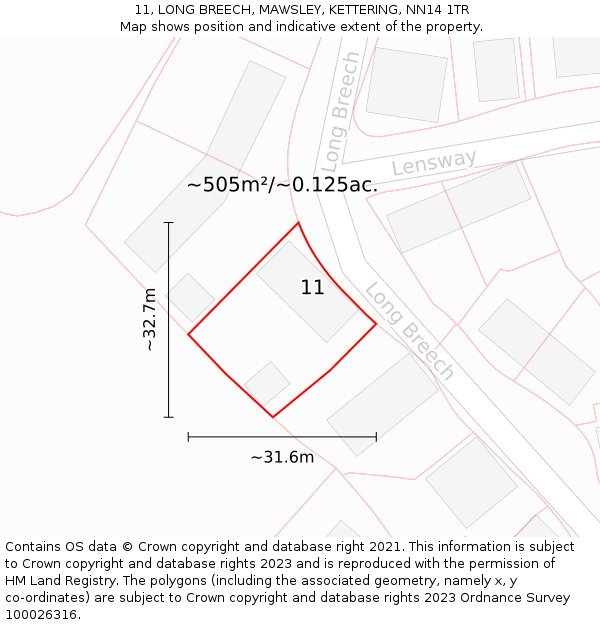 11, LONG BREECH, MAWSLEY, KETTERING, NN14 1TR: Plot and title map