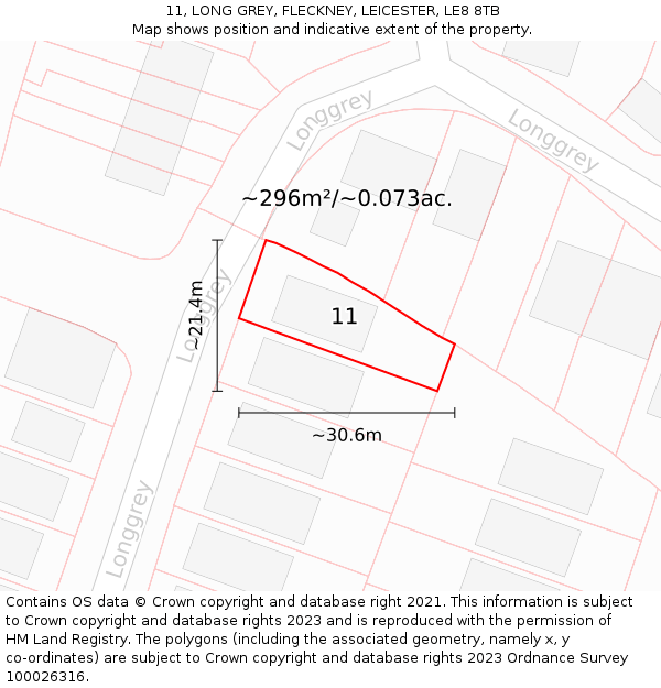 11, LONG GREY, FLECKNEY, LEICESTER, LE8 8TB: Plot and title map