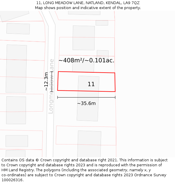 11, LONG MEADOW LANE, NATLAND, KENDAL, LA9 7QZ: Plot and title map