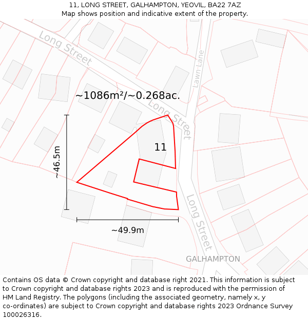 11, LONG STREET, GALHAMPTON, YEOVIL, BA22 7AZ: Plot and title map