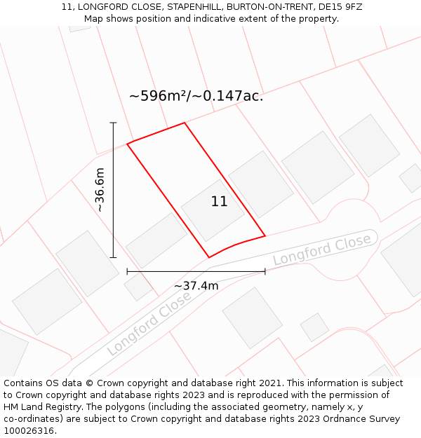 11, LONGFORD CLOSE, STAPENHILL, BURTON-ON-TRENT, DE15 9FZ: Plot and title map