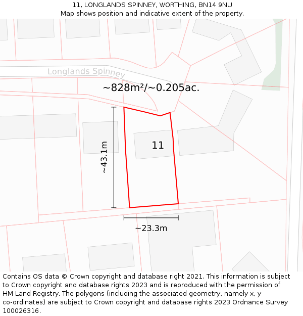 11, LONGLANDS SPINNEY, WORTHING, BN14 9NU: Plot and title map