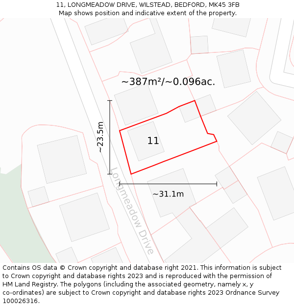 11, LONGMEADOW DRIVE, WILSTEAD, BEDFORD, MK45 3FB: Plot and title map