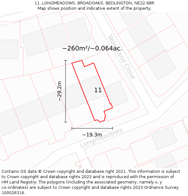 11, LONGMEADOWS, BROADOAKS, BEDLINGTON, NE22 6BR: Plot and title map