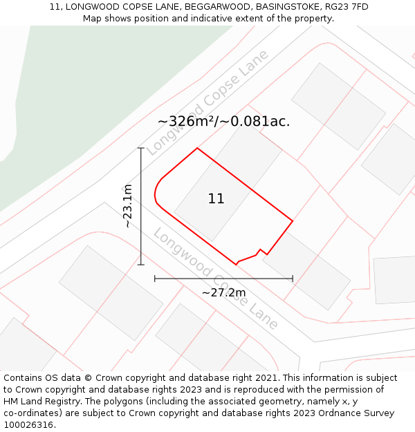 11, LONGWOOD COPSE LANE, BEGGARWOOD, BASINGSTOKE, RG23 7FD: Plot and title map