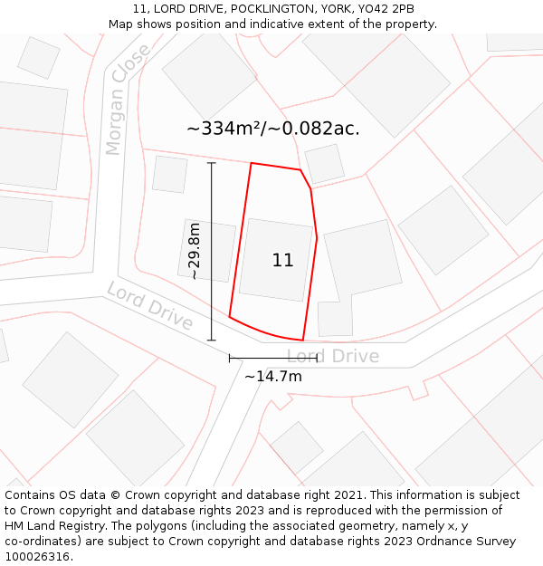 11, LORD DRIVE, POCKLINGTON, YORK, YO42 2PB: Plot and title map