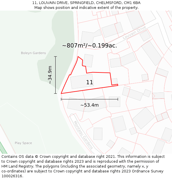 11, LOUVAIN DRIVE, SPRINGFIELD, CHELMSFORD, CM1 6BA: Plot and title map