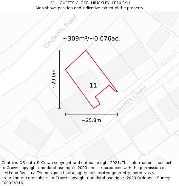 11, LOVETTS CLOSE, HINCKLEY, LE10 0YH: Plot and title map