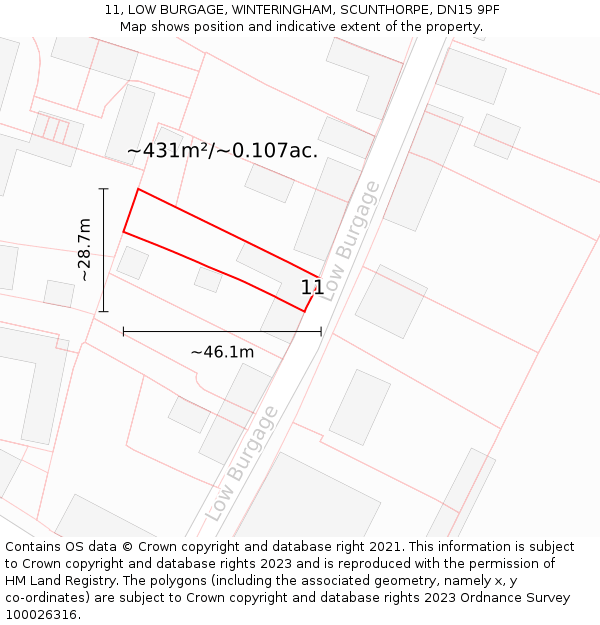 11, LOW BURGAGE, WINTERINGHAM, SCUNTHORPE, DN15 9PF: Plot and title map