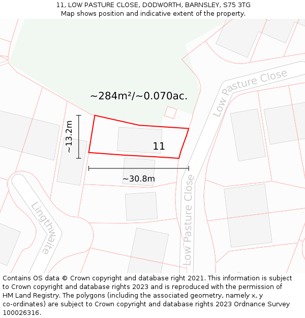 11, LOW PASTURE CLOSE, DODWORTH, BARNSLEY, S75 3TG: Plot and title map