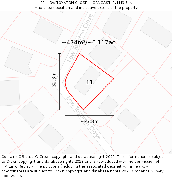 11, LOW TOYNTON CLOSE, HORNCASTLE, LN9 5LN: Plot and title map