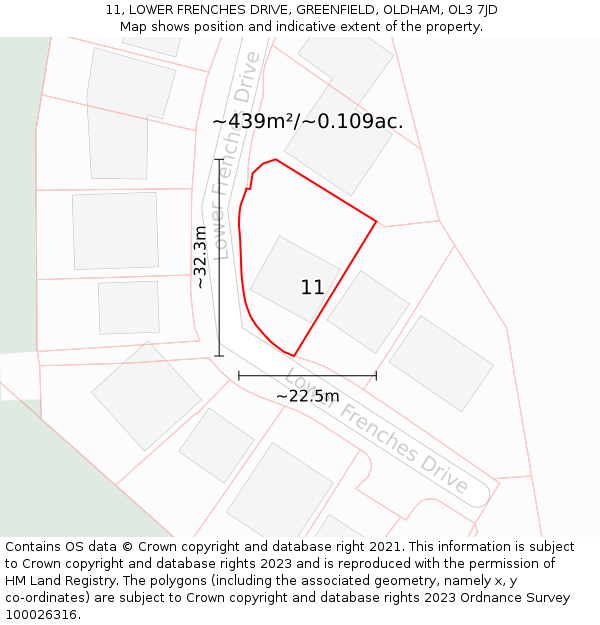 11, LOWER FRENCHES DRIVE, GREENFIELD, OLDHAM, OL3 7JD: Plot and title map