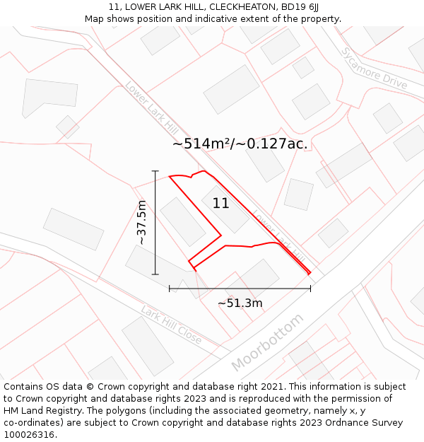 11, LOWER LARK HILL, CLECKHEATON, BD19 6JJ: Plot and title map