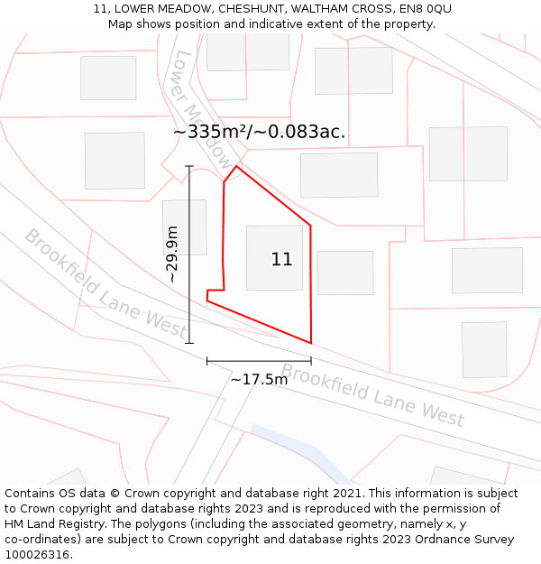 11, LOWER MEADOW, CHESHUNT, WALTHAM CROSS, EN8 0QU: Plot and title map